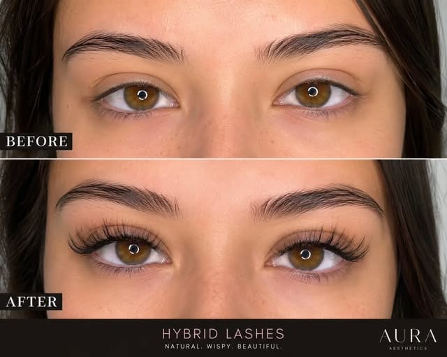 Before and after comparison of hybrid lash extensions applied at Aura Aesthetics